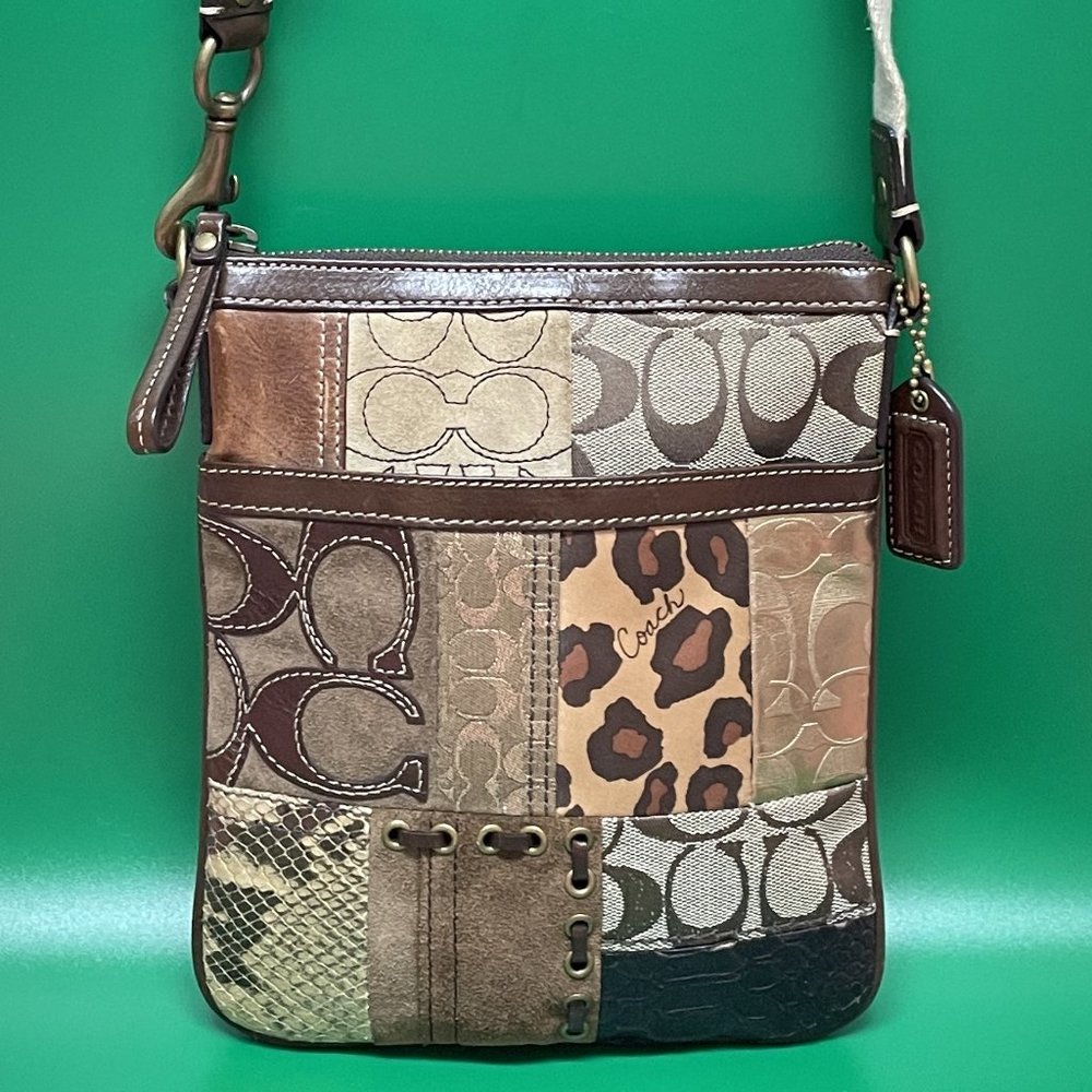 *SOLD* COACH Patchwork Crossbody Brown Beige Reptile Animal Leather Suede *EUC*